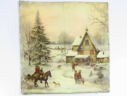 Poszewka Świąteczna Vintage – Zimowy Dworek i Jeźdźcy na Koniach