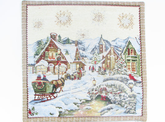 Poszewka Gobelinowa Świąteczna – Zimowy Pejzaż z Kuligiem i Miasteczkiem