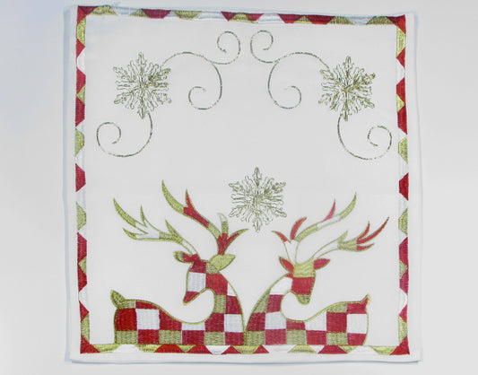 Poszewka Świąteczna Biała – Dwa Renifery w Kratę i Złoty Haft