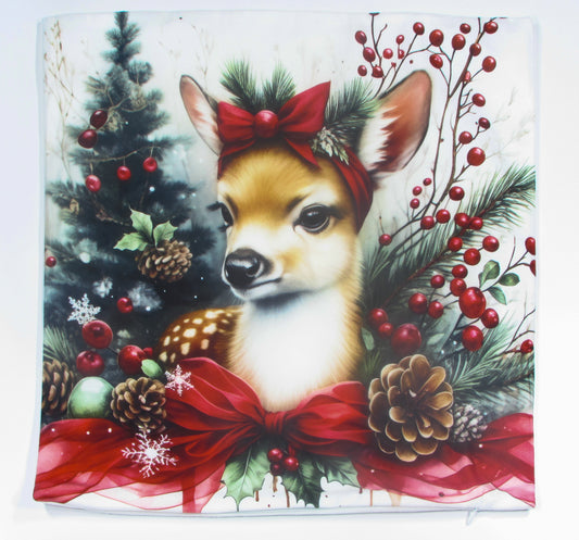 Poszewka Świąteczna z Sarenką – Jelonek z Czerwoną Kokardą i Szyszkami