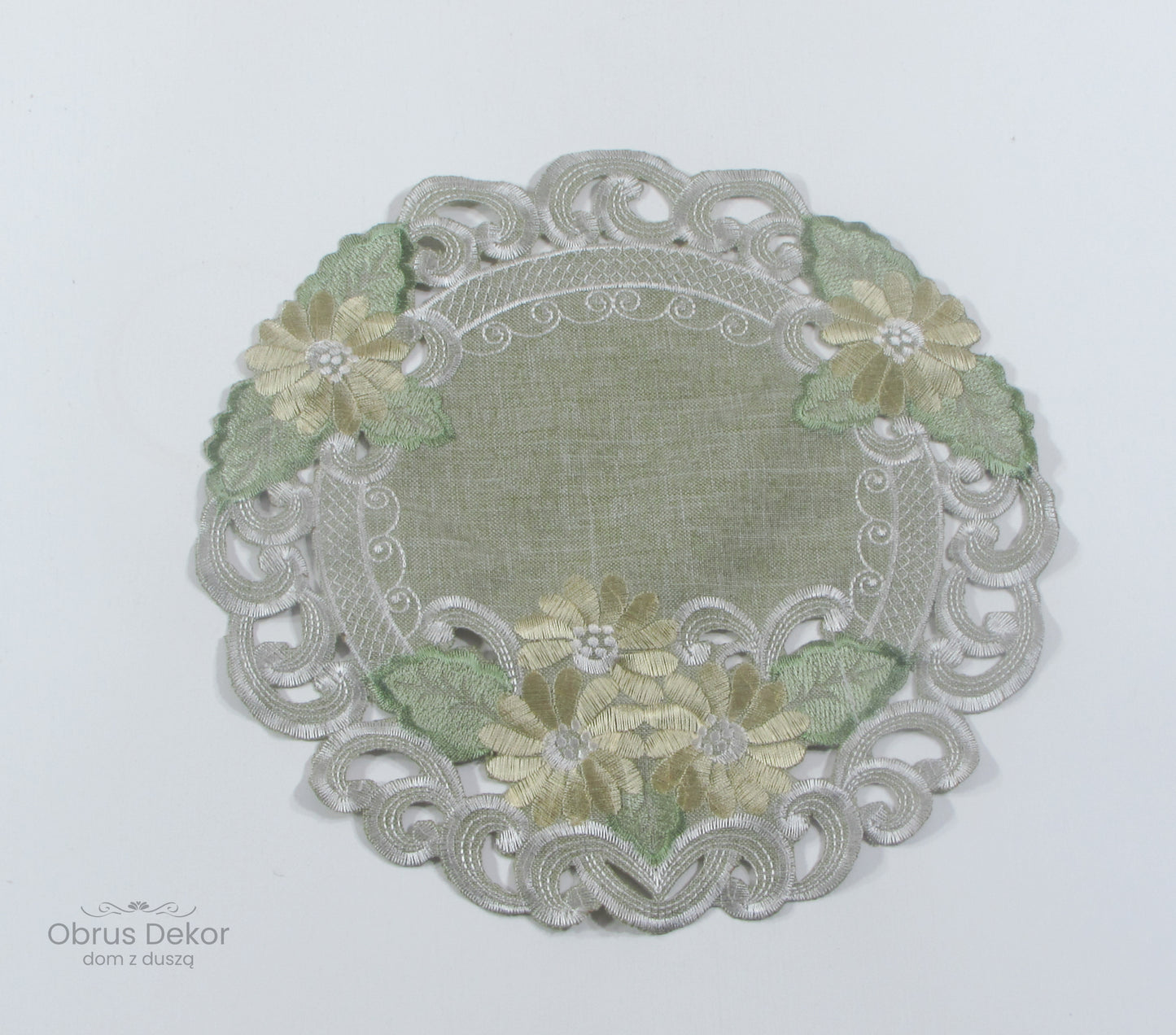 Serwetka Haftowana Okrągła – Stokrotki, Szałwiowa Zieleń