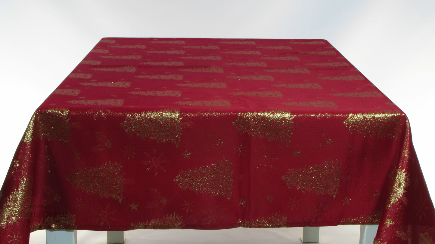 Obrus Świąteczny Czerwony – Złote Choinki i Gwiezdny Pył