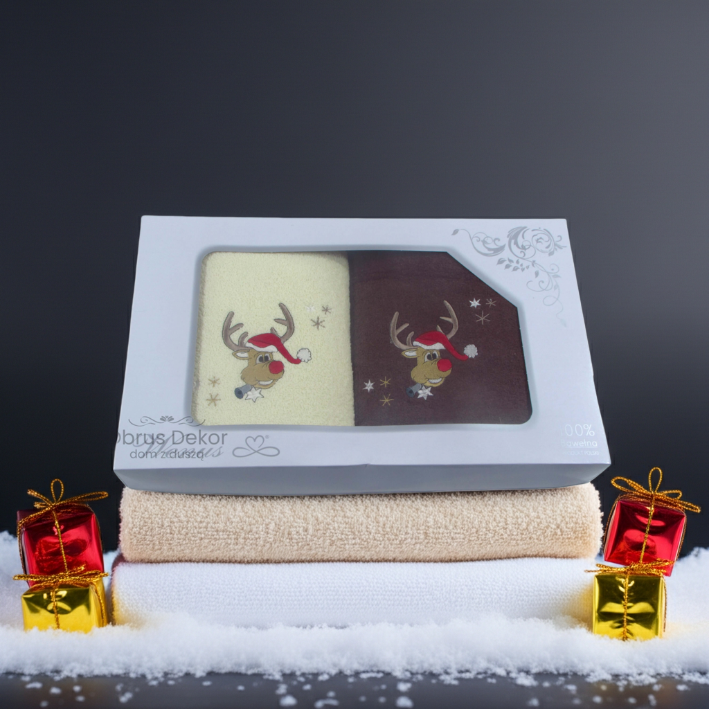 Świąteczny Zestaw Ręczników w Pudełku – Renifery, Śnieżynki i Choinki