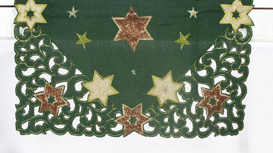 Zielony Bieżnik Świąteczny Ażurowy – Złote i Miedziane Gwiazdy
