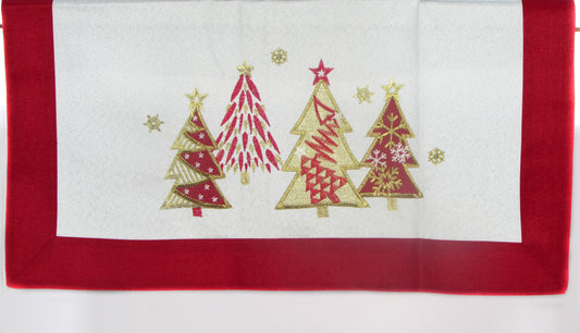 Biało-Czerwony Bieżnik Świąteczny – Geometryczne Choinki i Złoty Haft