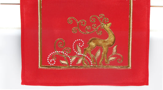 Czerwony Bieżnik Świąteczny – Złoty Renifer i Perłowe Detale