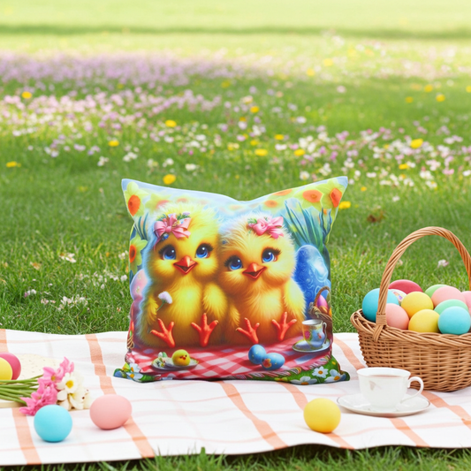 Poszewka Wielkanocna Dwa Kurczaczki na Pikniku i Wiosenne Kwiaty