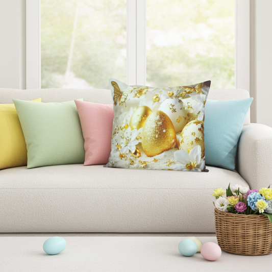 Poszewka Wielkanocna – Złote Pisanki, Białe Kwiaty i Motyle