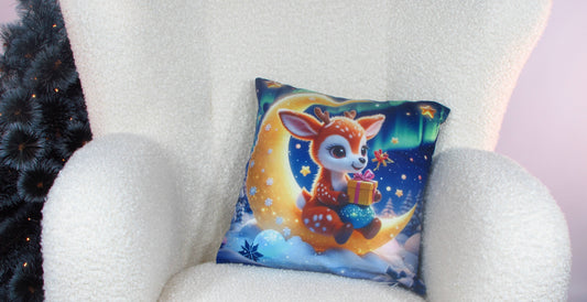Poszewka Świąteczna z Jelonkiem – Bajkowy Wzór na Księżycu z Prezentem