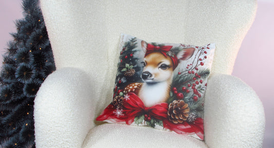 Poszewka Świąteczna z Sarenką – Jelonek z Czerwoną Kokardą i Szyszkami