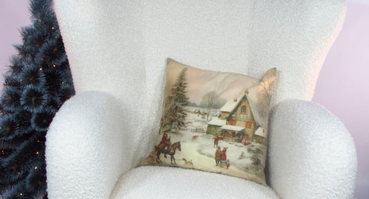 Poszewka Świąteczna Vintage – Zimowy Dworek i Jeźdźcy na Koniach