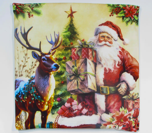 Poszewka Świąteczna z Nadrukiem – Święty Mikołaj, Renifer i Prezenty