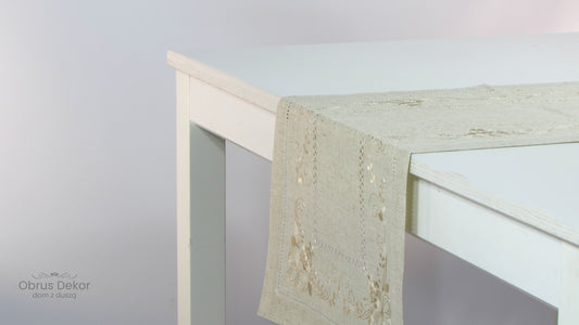 Bieżnik lniany z haftem i mereżką – Naturalny styl i elegancja