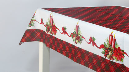 Obrus Świąteczny – Czerwona Krata, Poinsecje i Złote Szyszki