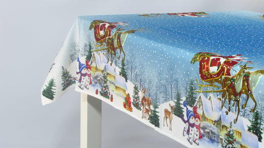 Świąteczny Obrus – Zimowy Pejzaż z Mikołajem i Reniferami