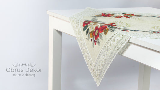 Beżowy Kwadrat Świąteczny z Koronką – Motyw Świec (2 Kolory)