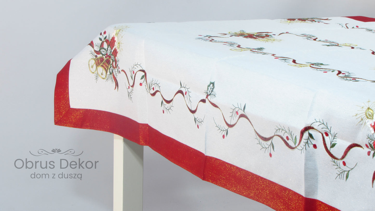 Świąteczny Obrus Haftowany – Dzwonki, Czerwień lub Srebro