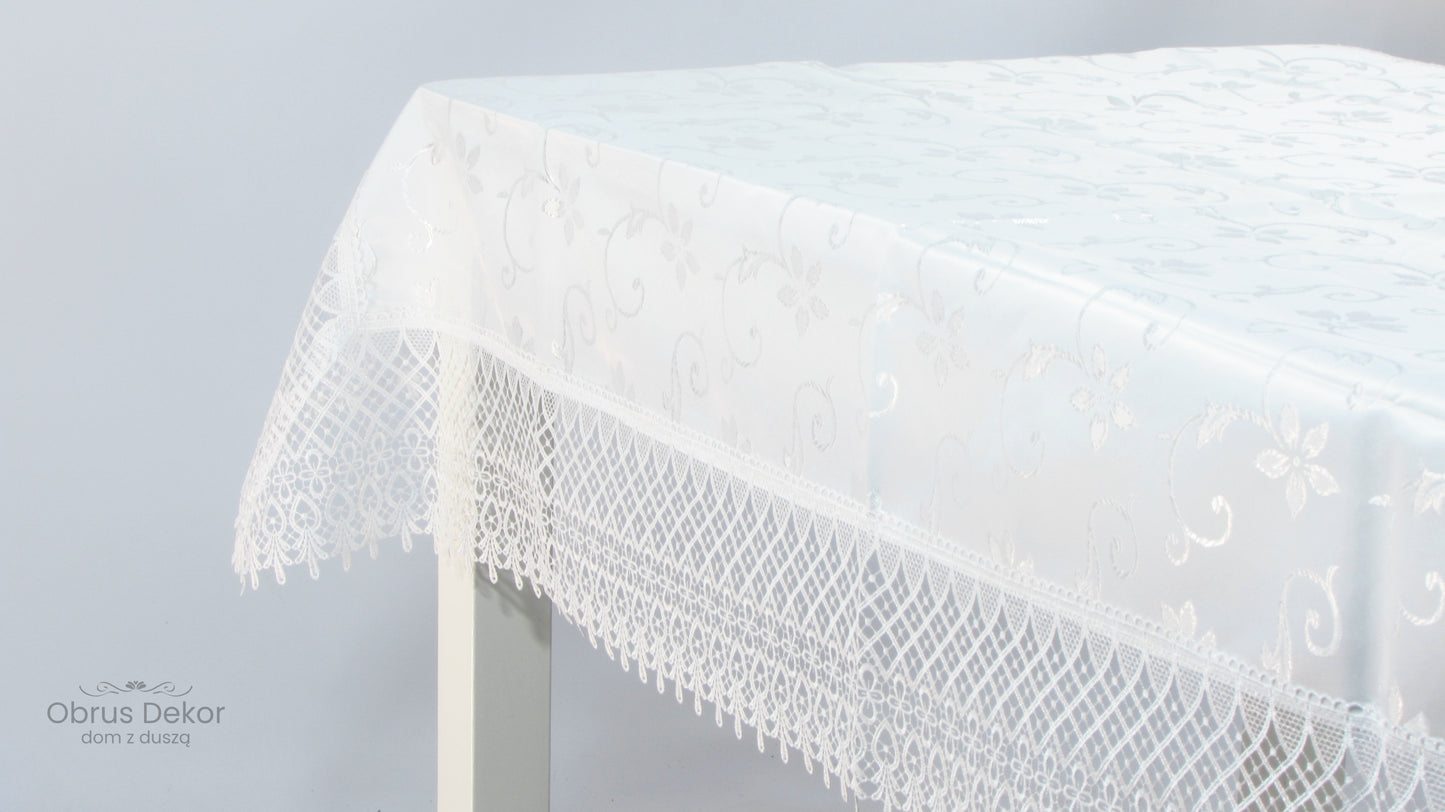 Obrus Biały Ekskluzywny – Satynowy Połysk i Szeroka Koronka