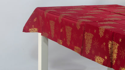 Obrus Świąteczny Czerwony – Złote Choinki i Gwiezdny Pył