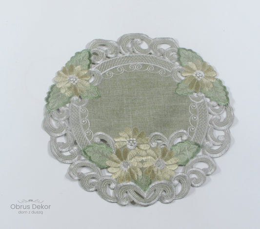 Serwetka Haftowana Okrągła – Stokrotki, Szałwiowa Zieleń