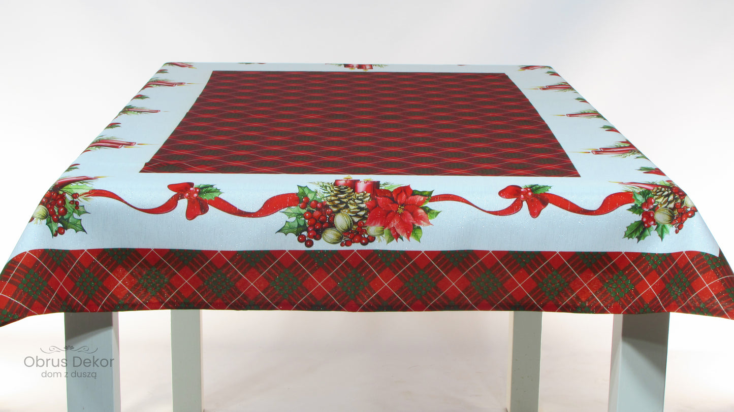 Obrus Świąteczny – Czerwona Krata, Poinsecje i Złote Szyszki
