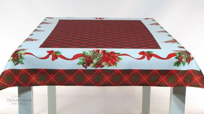 Obrus Świąteczny – Czerwona Krata, Poinsecje i Złote Szyszki