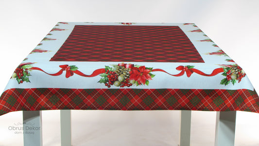 Obrus Świąteczny – Czerwona Krata, Poinsecje i Złote Szyszki