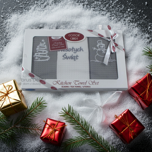 Zestaw Prezentowy – 3 Bawełniane Ściereczki Świąteczne Choinka, Bałwan