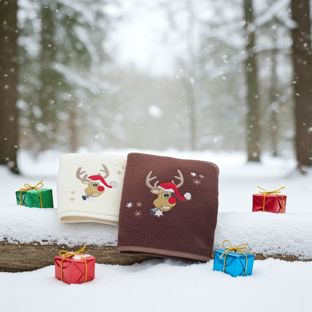 Świąteczny Zestaw Ręczników w Pudełku – Renifery, Śnieżynki i Choinki