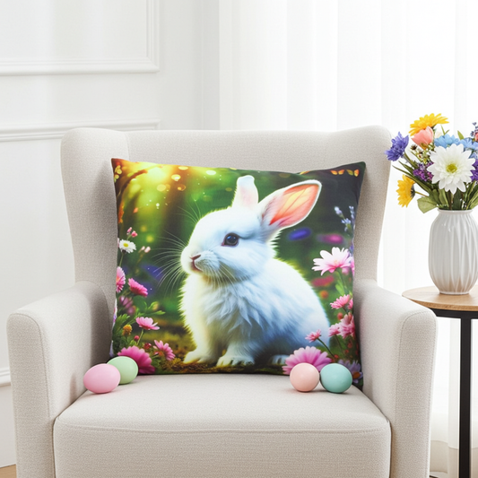 Poszewka Wielkanocna Biały Zajączek na Łące z Różowymi Kwiatami