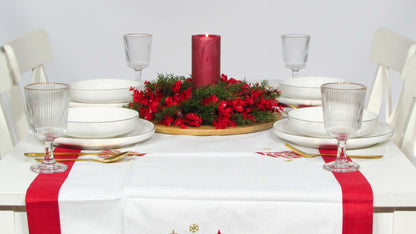 Biało-Czerwony Bieżnik Świąteczny – Geometryczne Choinki i Złoty Haft