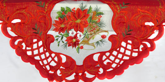 Czerwony Bieżnik Świąteczny Ażurowy – Poinsecje i Złote Dzwonki