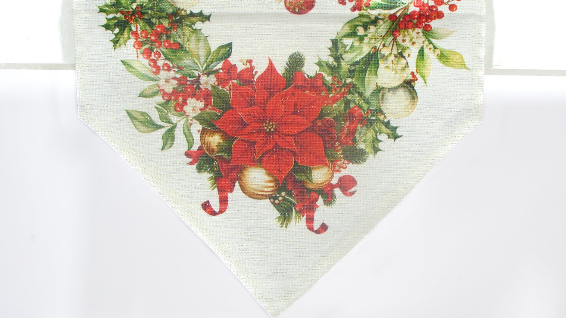 Biały Bieżnik Świąteczny – Poinsecja i Złote Bombki