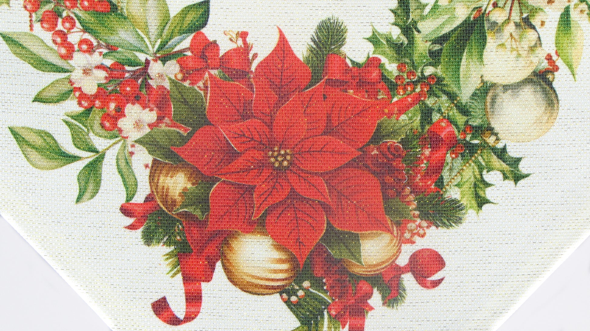 Biały Bieżnik Świąteczny – Poinsecja i Złote Bombki