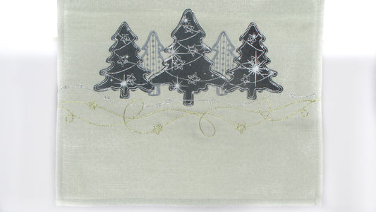 Szary Bieżnik Świąteczny – Czarne Choinki i Srebrny Haft