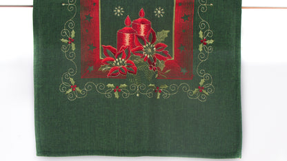 Zielony Bieżnik Świąteczny z Haftem – Motyw Świec i Poinsecji