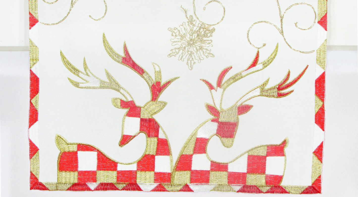 Biały Bieżnik Świąteczny – Renifery w Kratkę i Złoty Haft