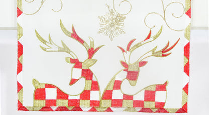 Biały Bieżnik Świąteczny – Renifery w Kratkę i Złoty Haft