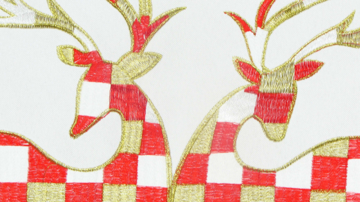 Biały Bieżnik Świąteczny – Renifery w Kratkę i Złoty Haft