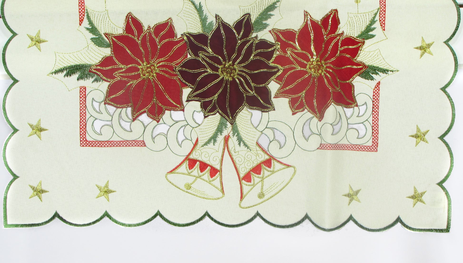 Bieżnik Świąteczny Ecru – Welurowe Poinsecje i Złoty Haft
