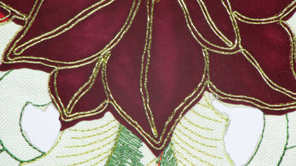 Bieżnik Świąteczny Ecru – Welurowe Poinsecje i Złoty Haft