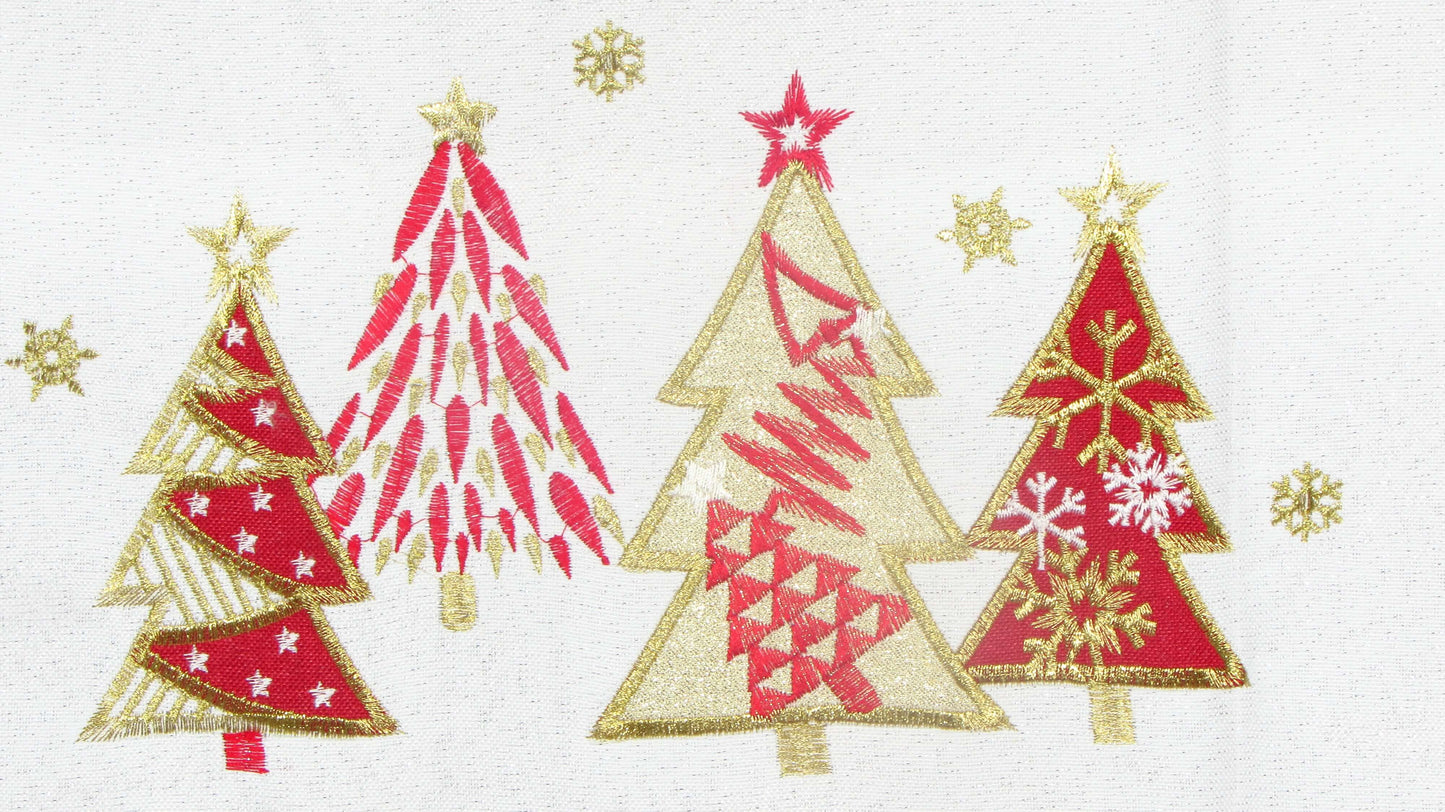 Biało-Czerwony Bieżnik Świąteczny – Geometryczne Choinki i Złoty Haft