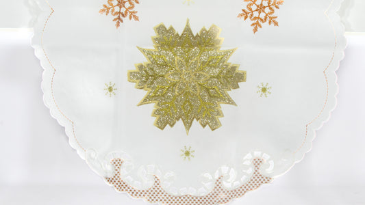 Biały Bieżnik Świąteczny – Złota Śnieżynka i Ażurowe Wykończenie