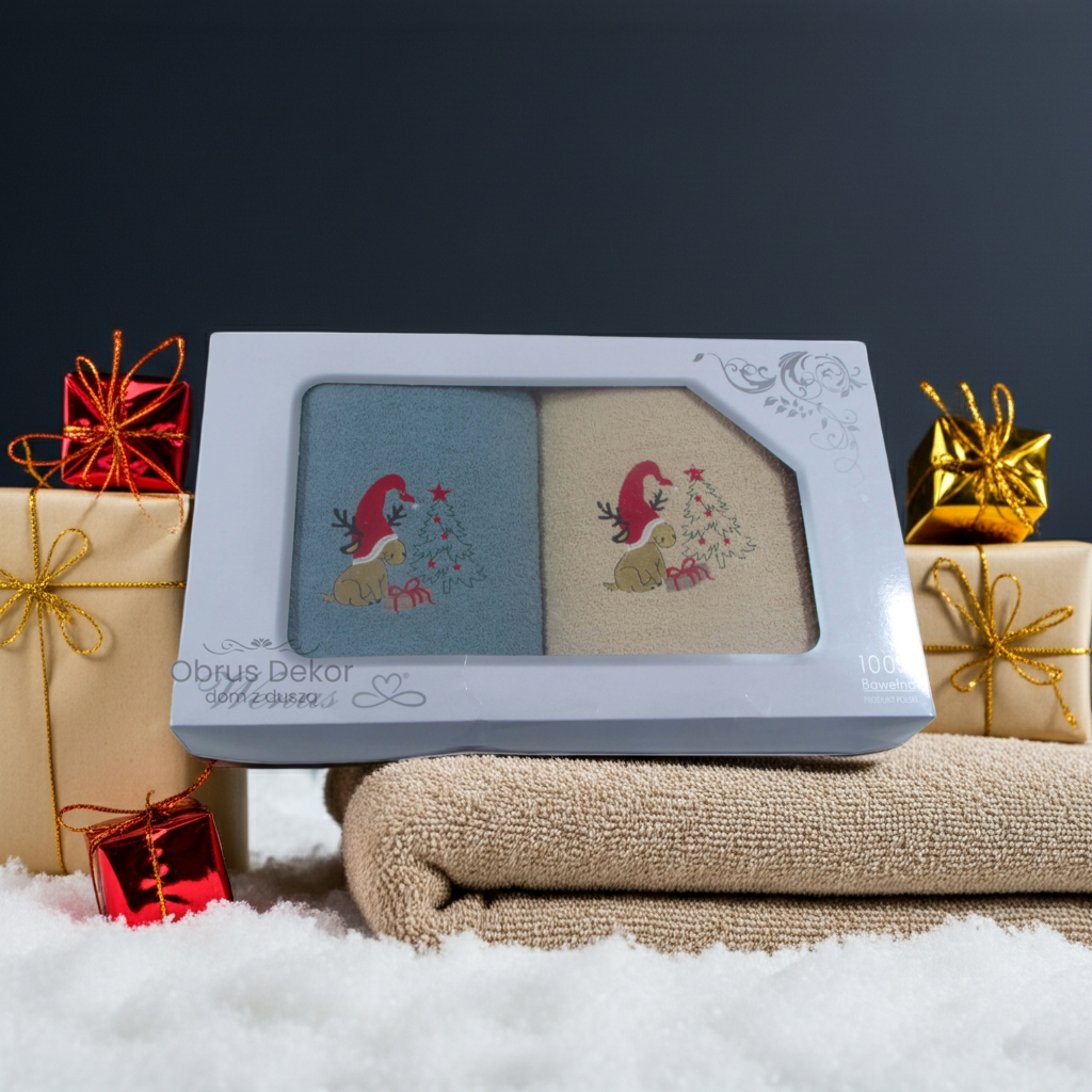 Świąteczny Zestaw Ręczników w Pudełku – Renifery, Śnieżynki i Choinki