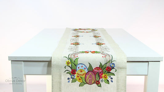 Bieżnik Lniany Wielkanocny – Kolorowe Pisanki i Wiosenne Kwiaty