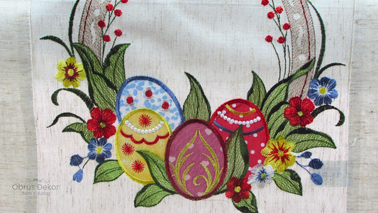 Bieżnik Lniany Wielkanocny – Kolorowe Pisanki i Wiosenne Kwiaty