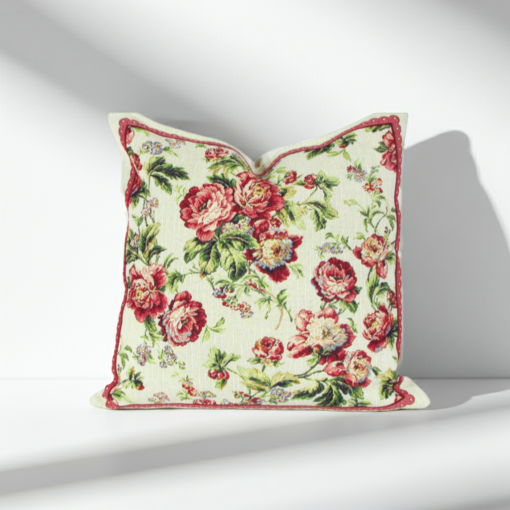 Poszewka Haftowana Boho – Czerwone Kwiaty i Roślinne Ornamenty
