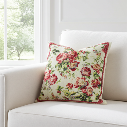 Poszewka Haftowana Boho – Czerwone Kwiaty i Roślinne Ornamenty