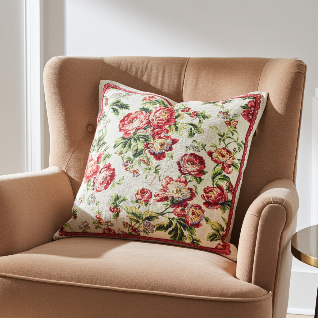 Poszewka Haftowana Boho – Czerwone Kwiaty i Roślinne Ornamenty